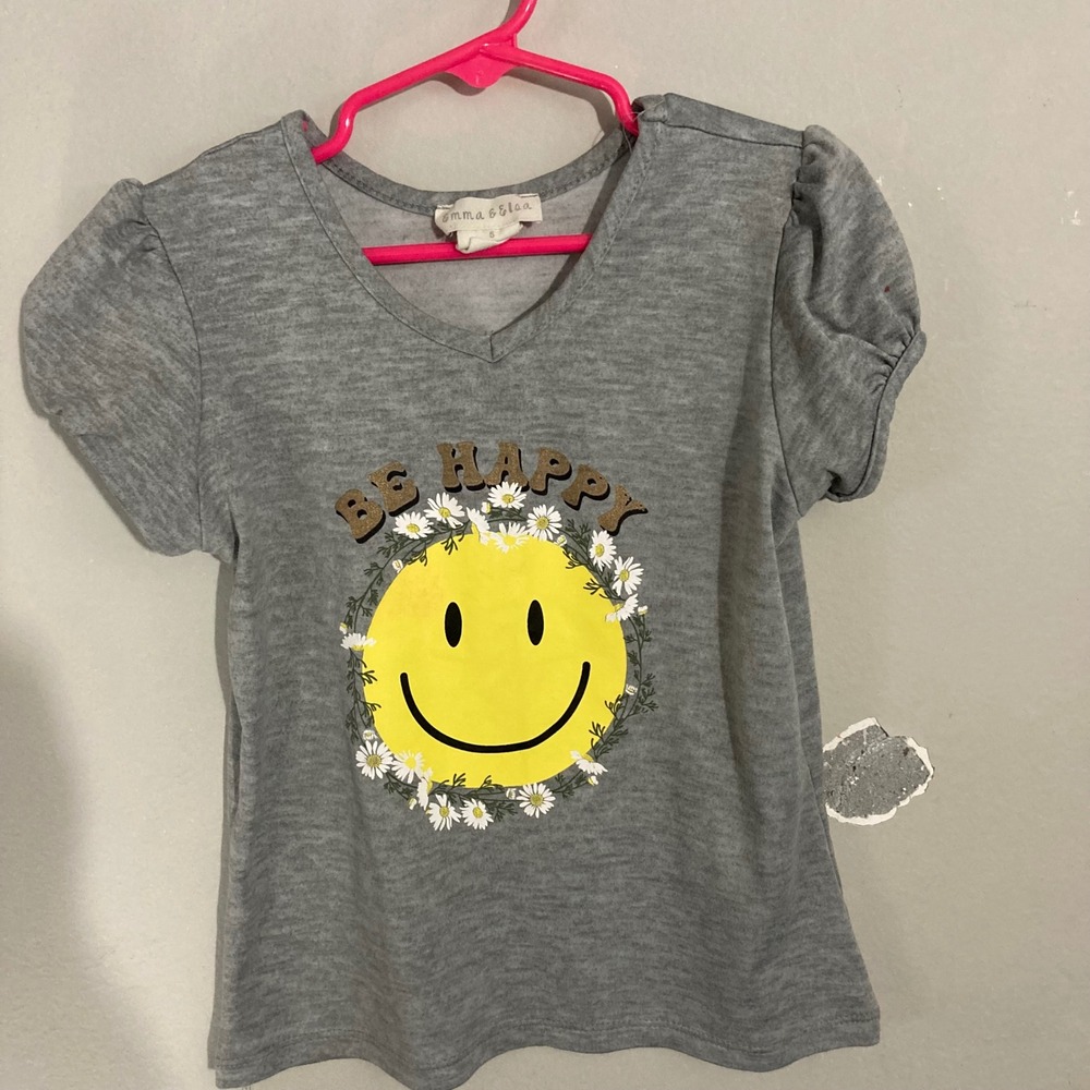 Emma & Elsa Graphic Tee Girls Size 6 Gray Be Happy Smiley Face Puff Sleeve Shirt